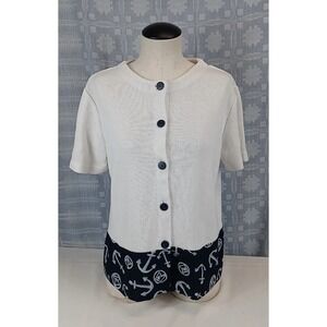 VTG Adolfo Blouse Womens Small Anchor Pattern Button Up Short Sleeve Sweater